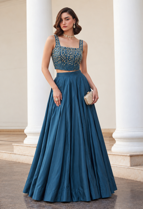 Teal Silk Lehenga Choli In Plain Fabric